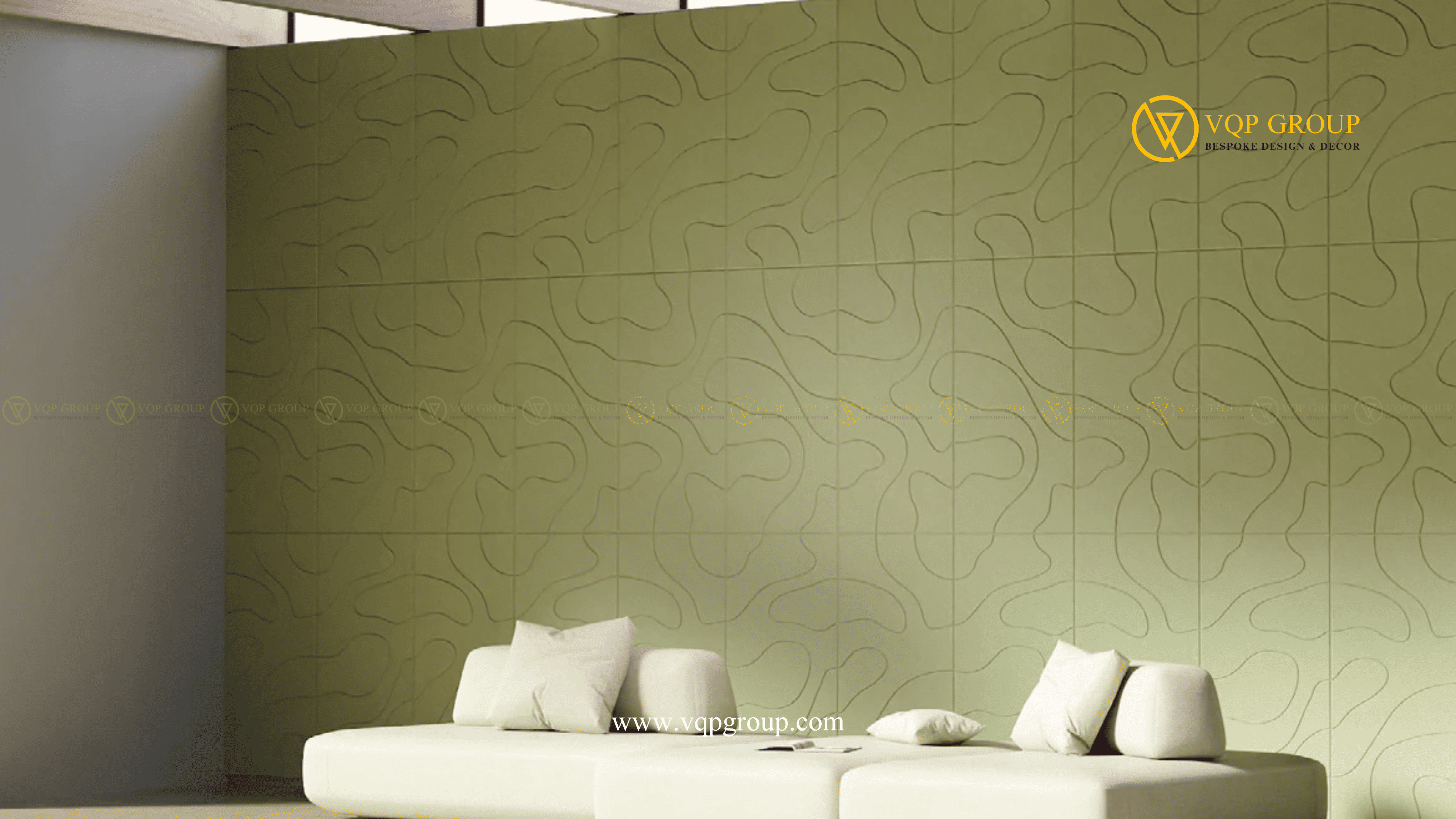 Tấm ốp tường tiêu âm SPILL xanh olive trong không gian lounge