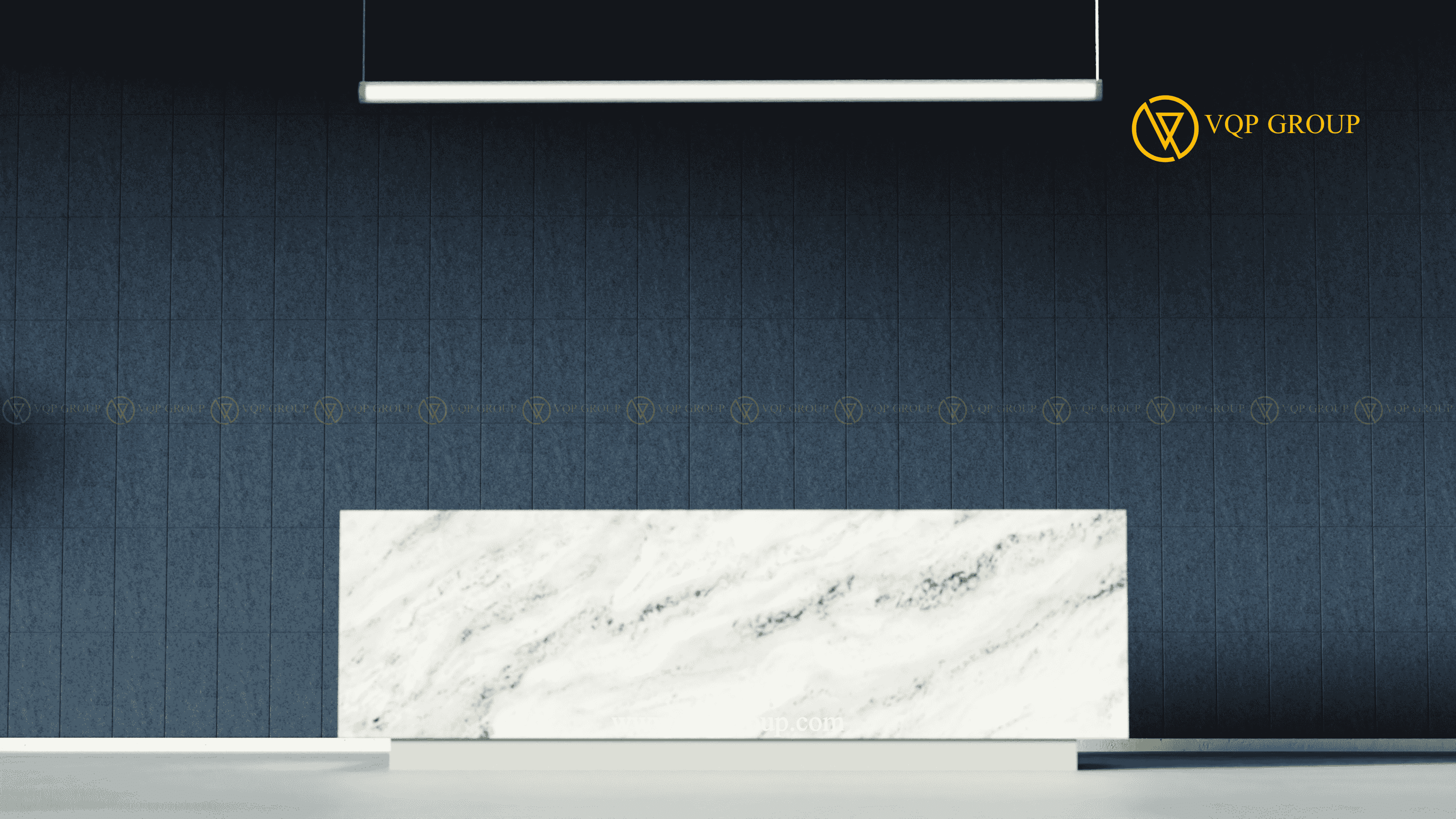 Tấm ốp tường tiêu âm TRELLIS xanh navy phía sau quầy reception