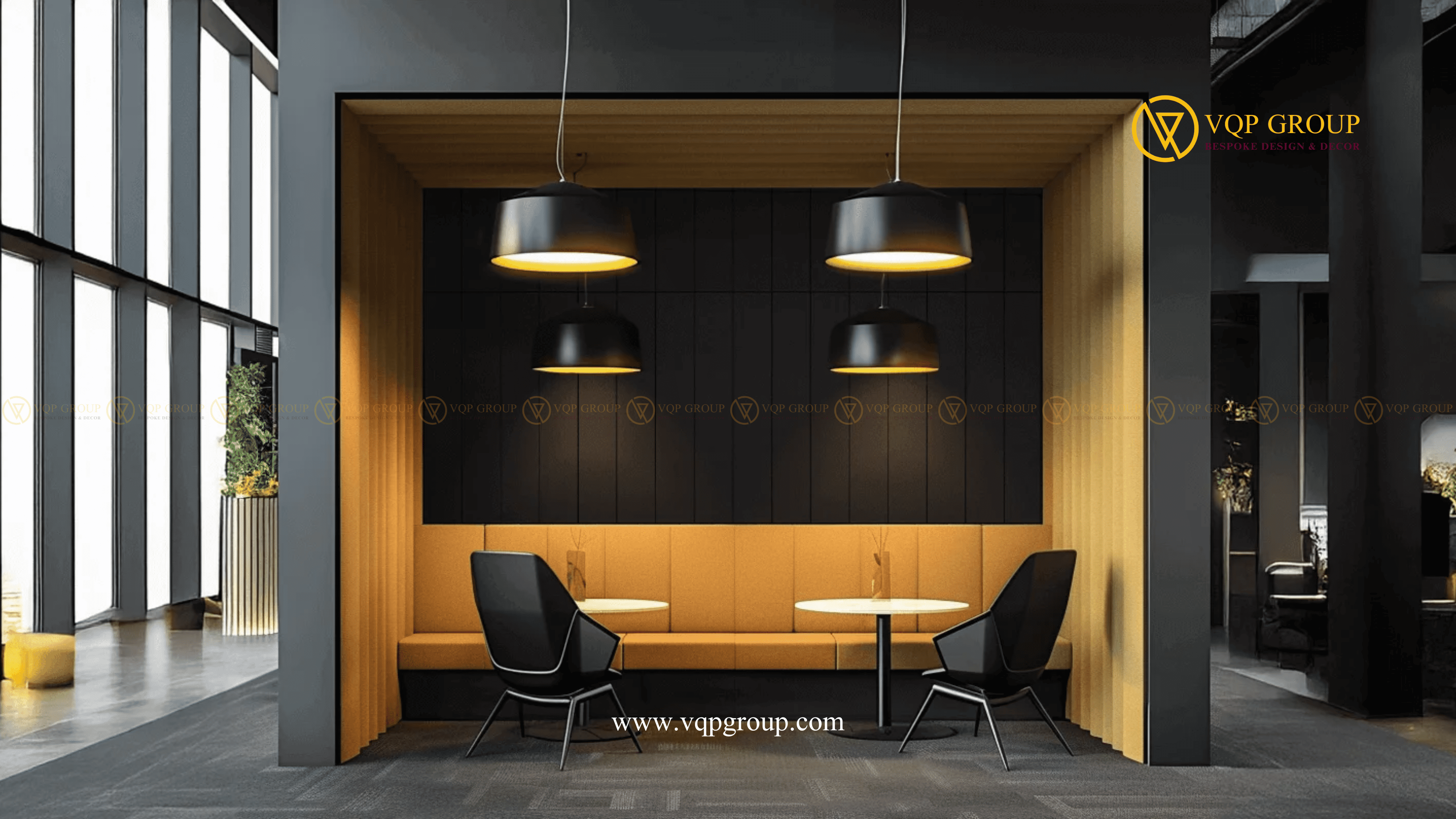 Tấm ốp tường tiêu âm Vertical L màu tối trong không gian lounge văn phòng