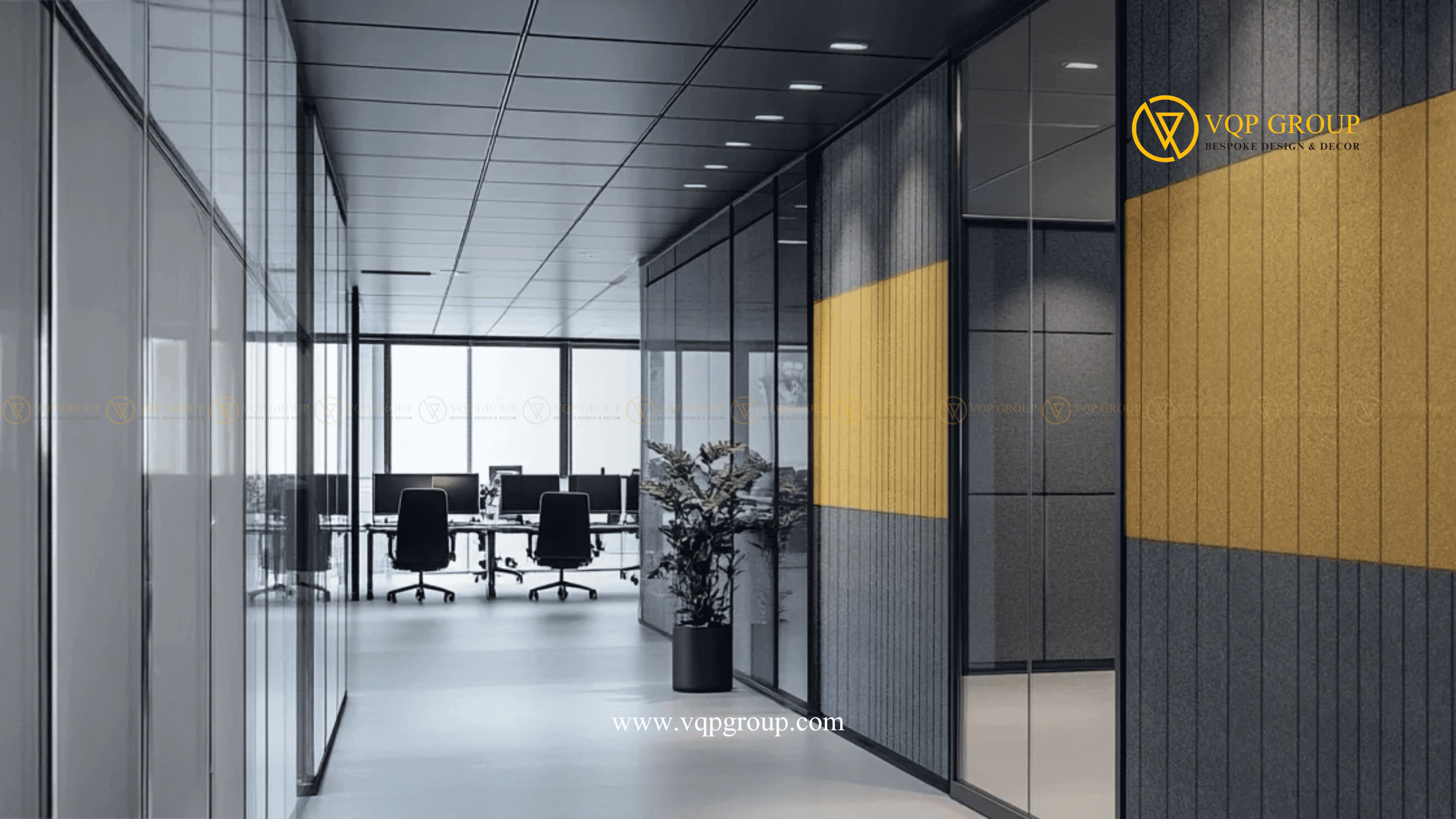 Tấm ốp tường tiêu âm Vertical S phối màu vàng và ghi trong văn phòng