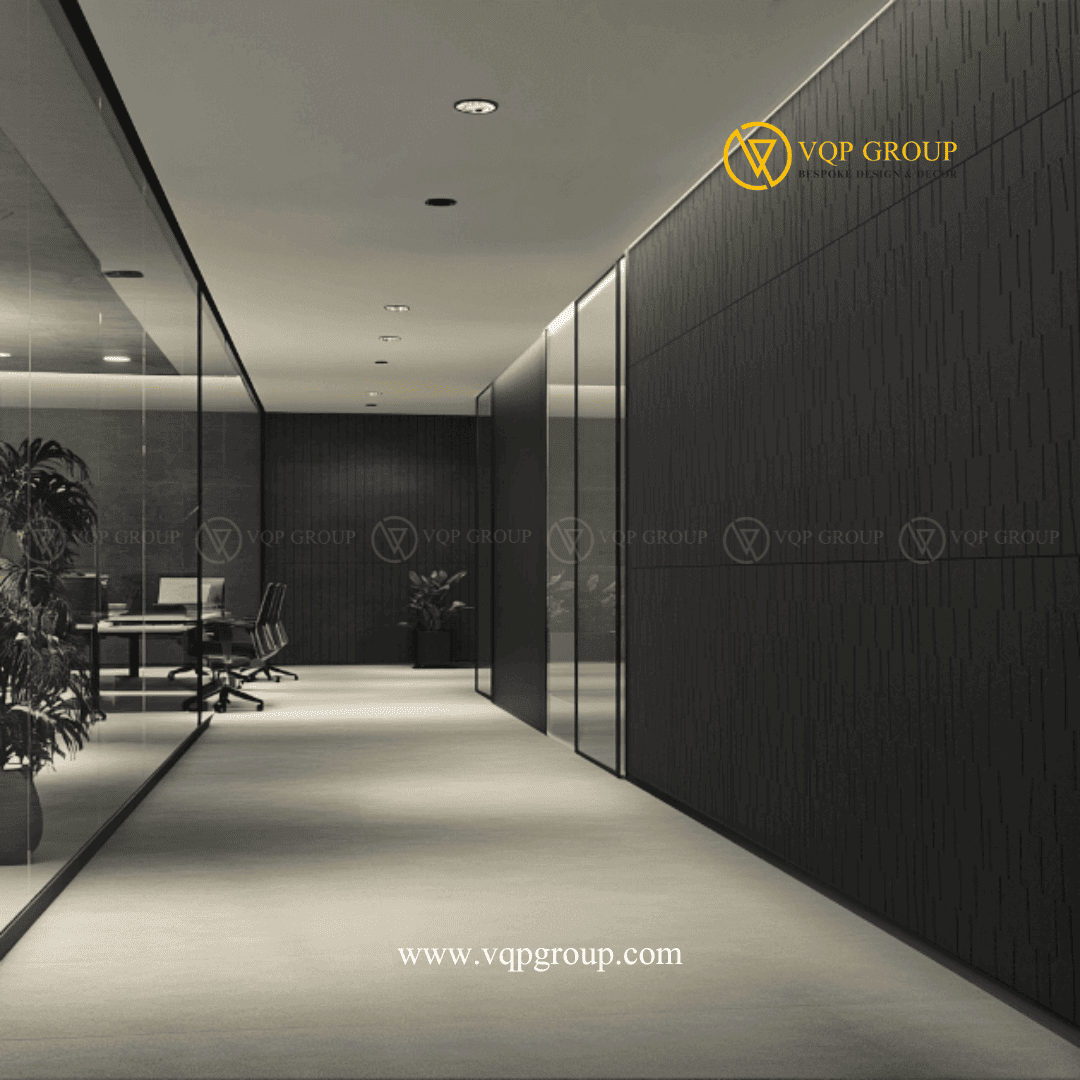 Tấm PET Acoustic DASH tông tối ứng dụng tại hành lang văn phòng