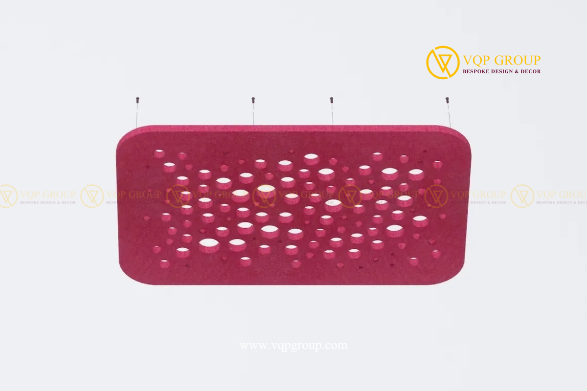 Tấm trần PET chữ nhật bo góc màu hồng đậm đục lỗ tròn bong bóng VQP-PET-C066