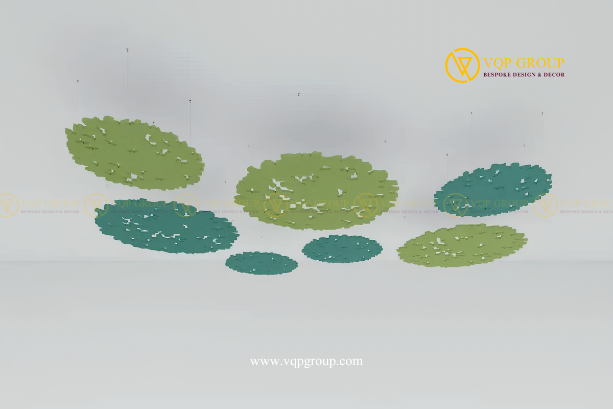 Hệ tấm trần PET tán cây màu xanh lá và xanh ngọc treo nhiều cao độ VQP-PET-C068