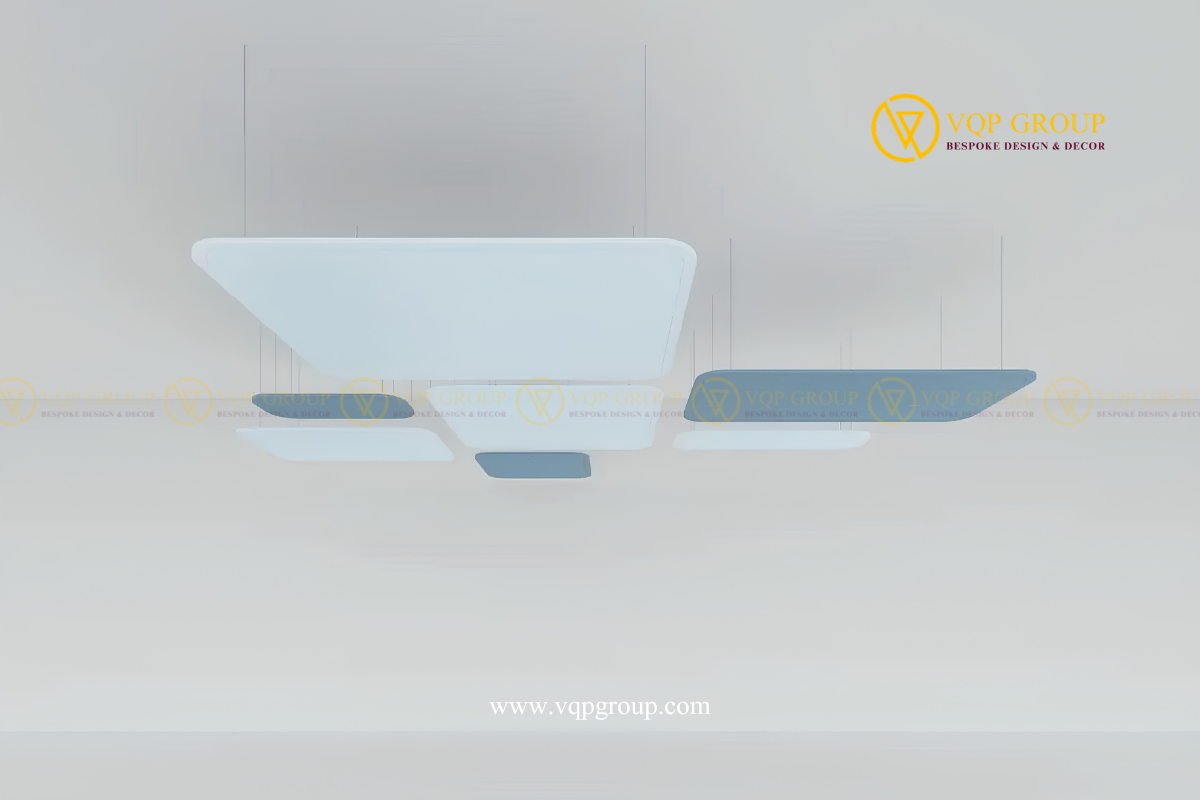 Tấm trần PET vuông và chữ nhật màu sáng bố trí trên trần khu lounge văn phòng VQP-PET-C064