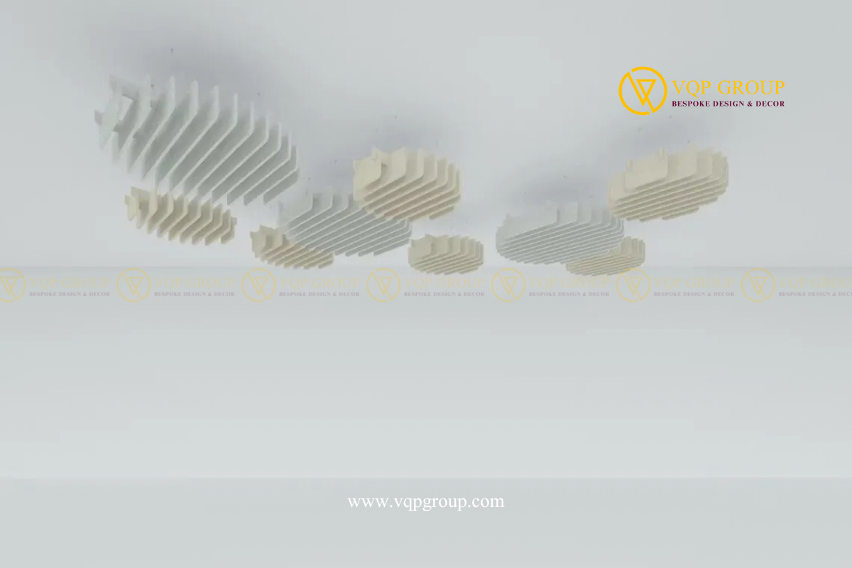 Tổ hợp nhiều module trần lam PET cụm mây VQP-PET-C055 màu trắng và kem treo phân tán