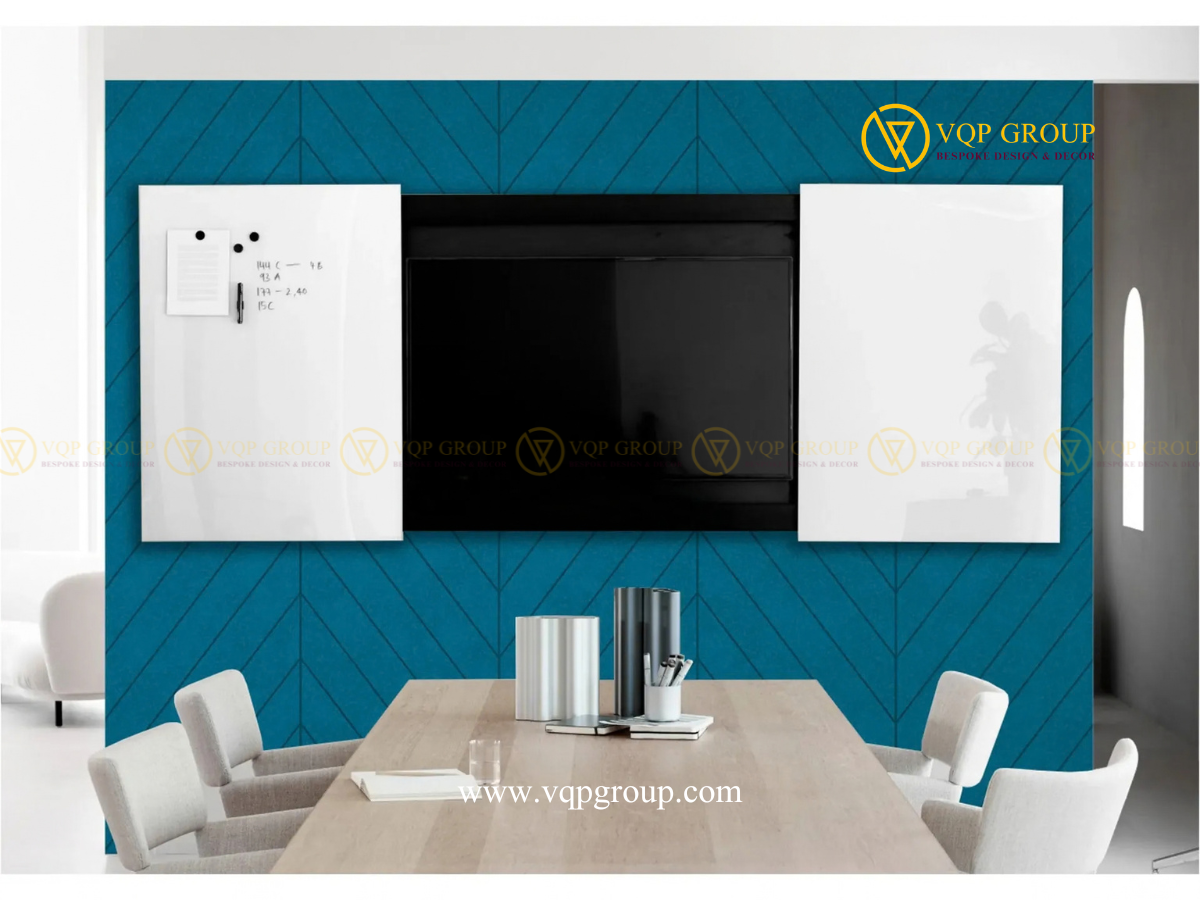 Ứng dụng tấm tường PET rãnh xương cá VQP-PET-W025 trong phòng họp